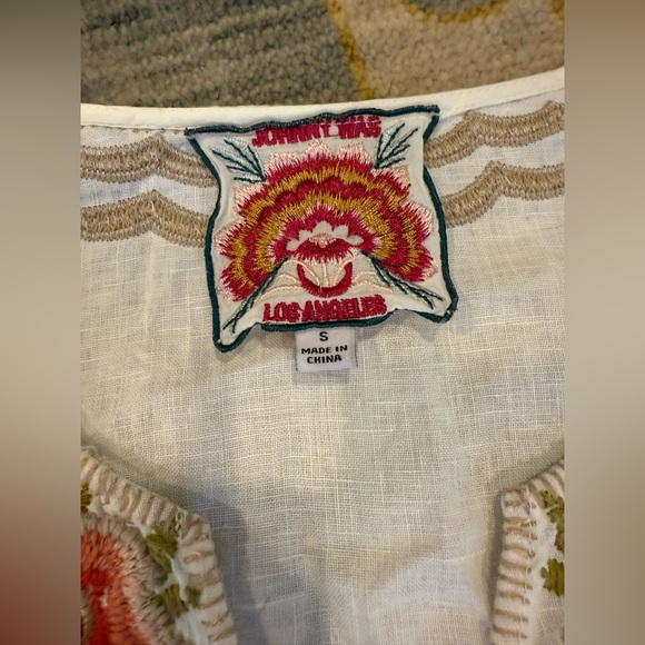 Johnny Was Charlotte Peasant Blouse white linen floral embroidery 3/4 sleeve S - Picture 4 of 6